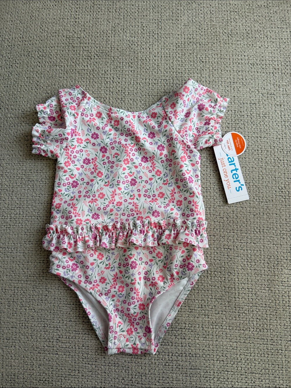 Carter's White and Pink Floral Ruffle Baby One-Piece